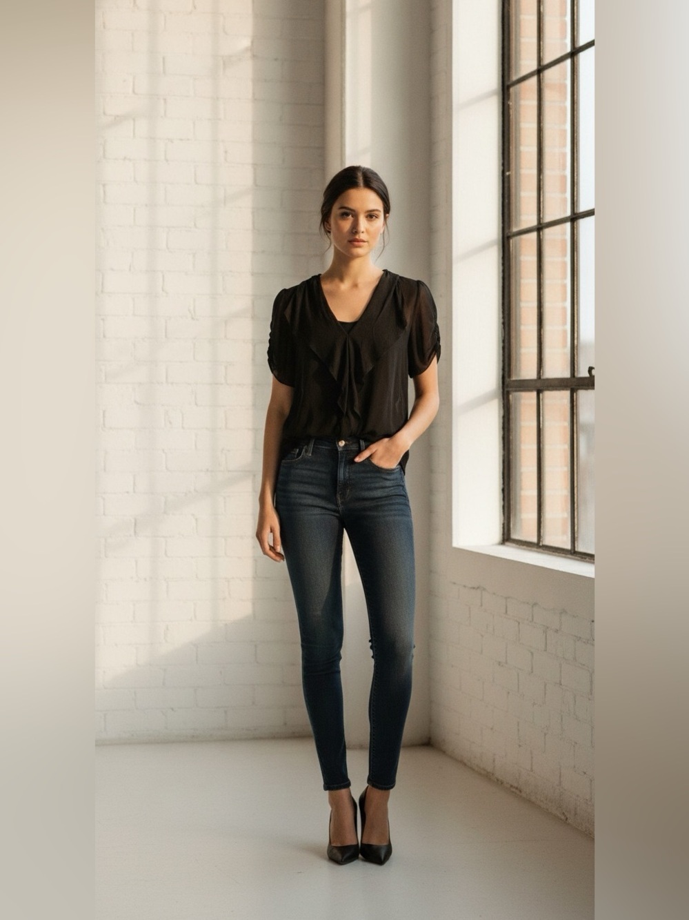 t.babaton silk sheer Elegant Black Women's ruffled Top size small